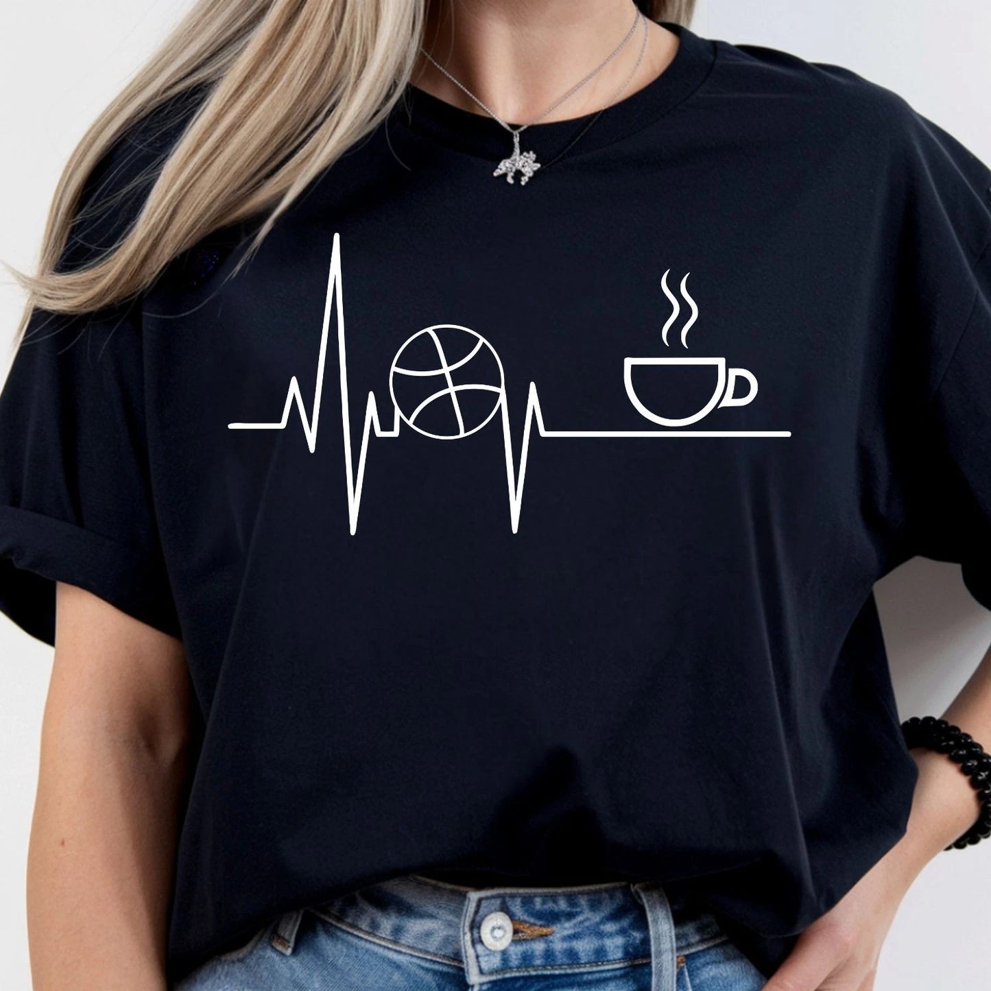 Basketball Heartbeat Shirt Coffee Lover Gift Pulse Sports Birthday Tee Xmas Tops