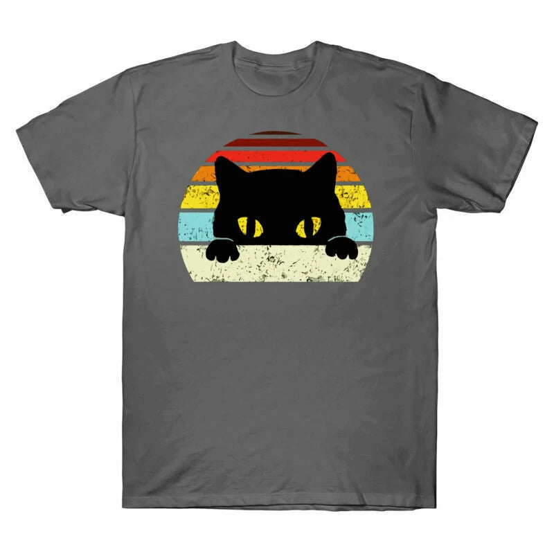Cat Retro Black Tee Men's Lover Lover Gift Style T-Shirt Vintage Cotton Cats Cat