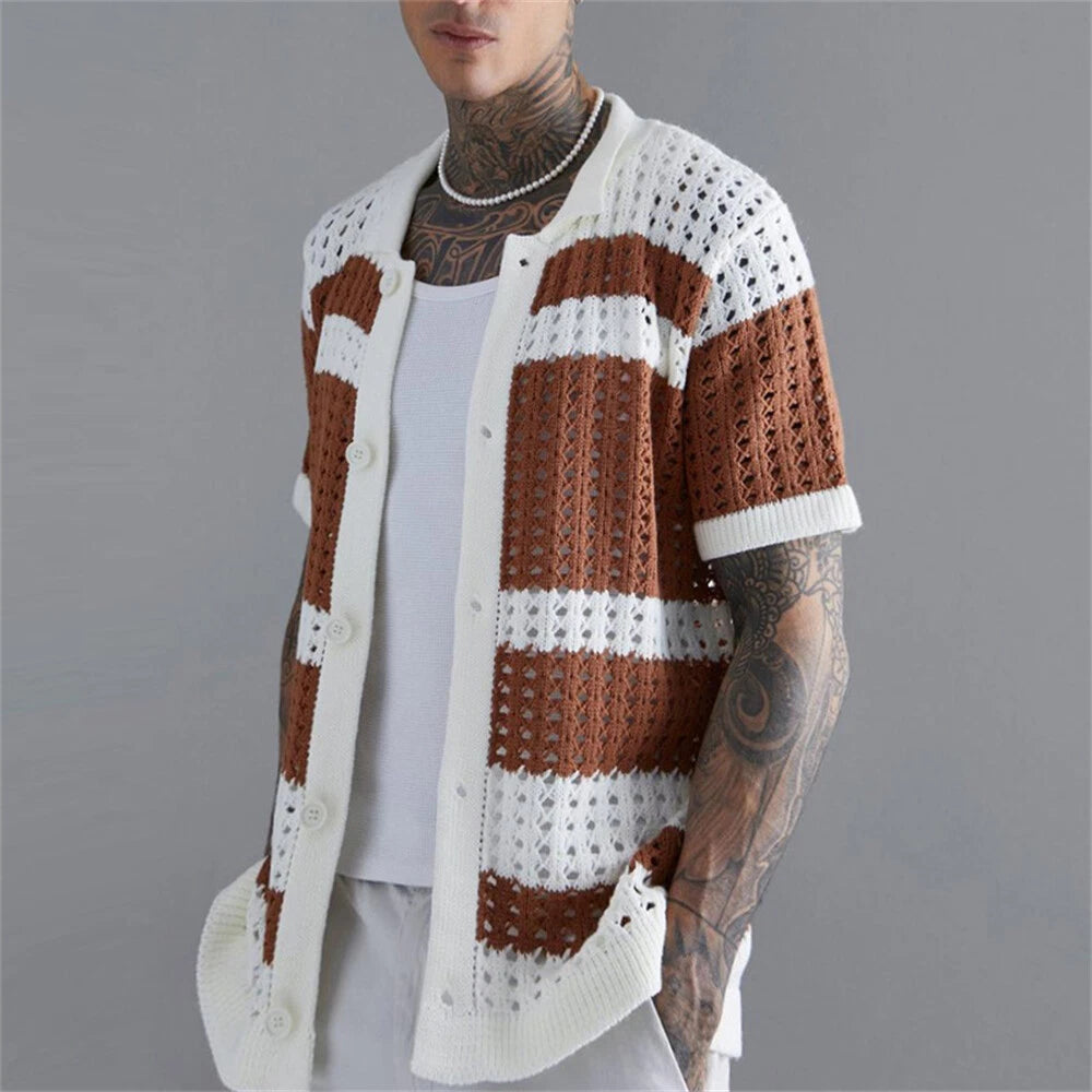 Men's Short Sleeve Slim Fit Button Shirts Knitted Shirts Casual Shirt