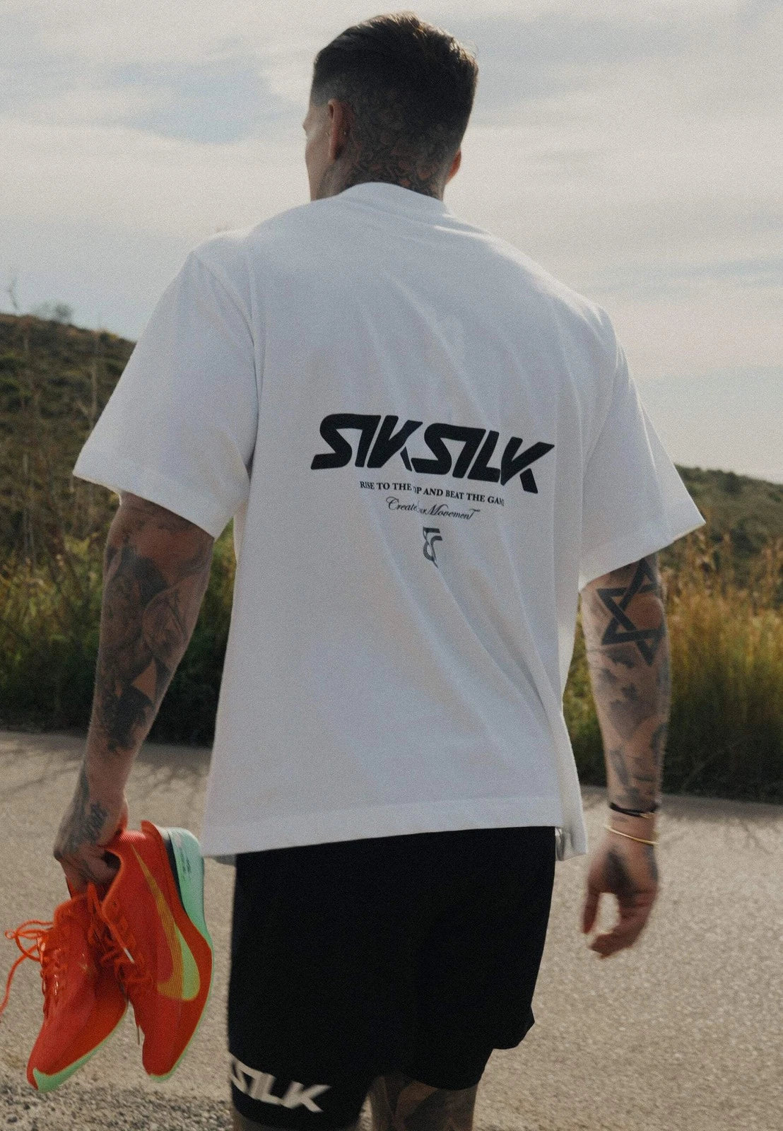 SikSilk Men's Oversized Fit Drop Shoulder Crew Neck Graphic T-Shirt Tee White