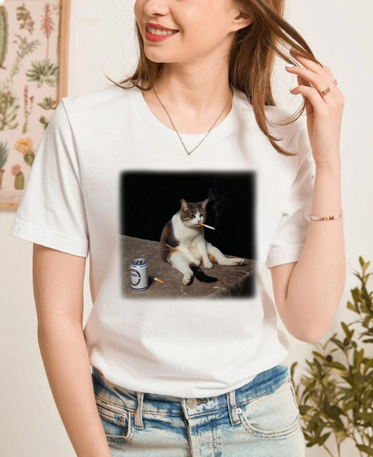 Funny Smoking Cat T-Shirt, Cool Lazy Cat Graphic Tee, Humorous Animal Meme Shirt