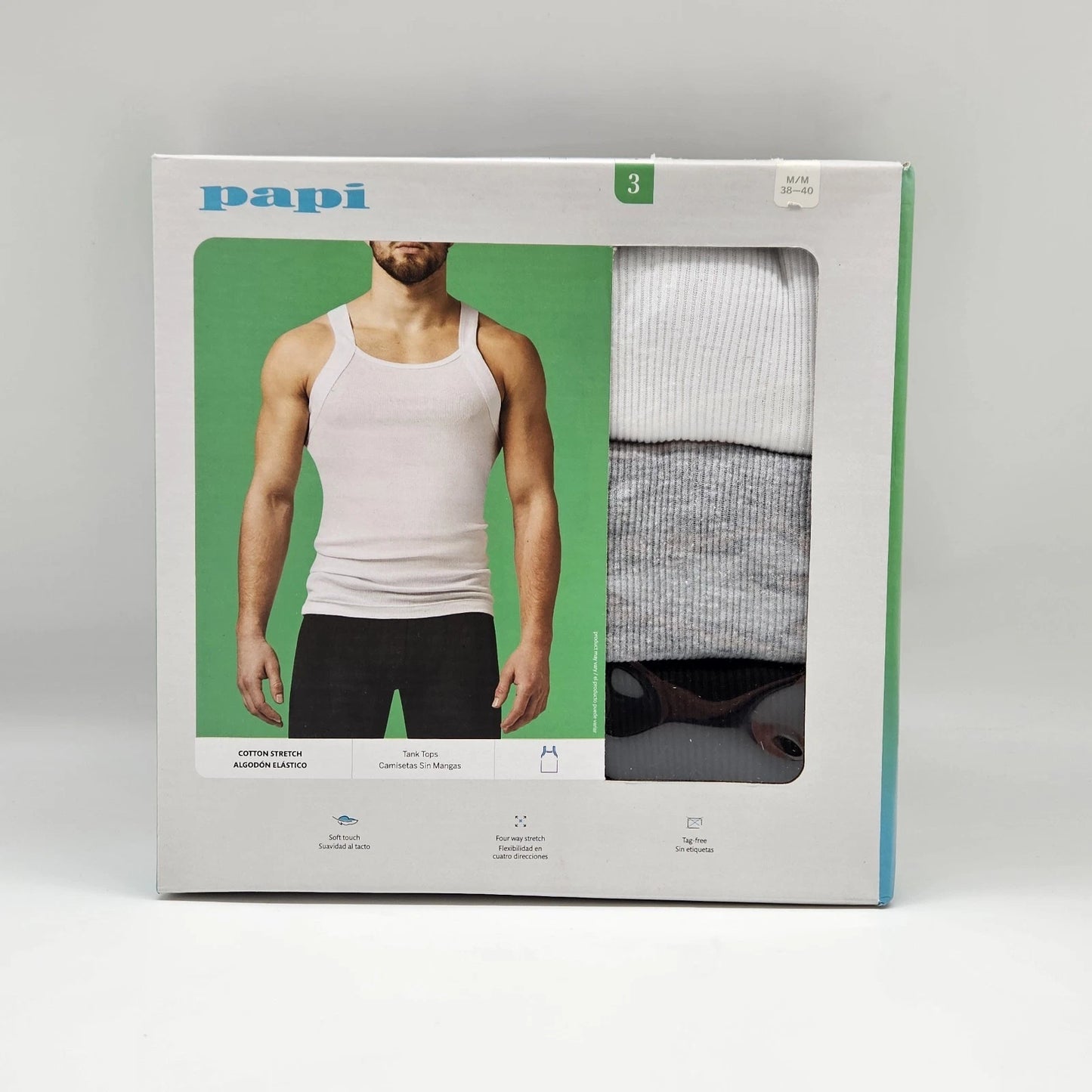 PAPI 3 Pk Mens M L Premium Cotton Modern Square Neck Tank Style Black Gray White