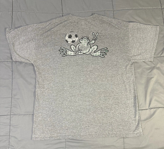 Vintage Peace Frogs Soccer Futbol Tshirt Mens Size Large 90s Y2K Gray Faded