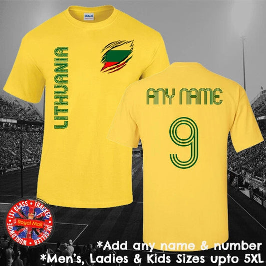 Lithuania Football Fan T-shirt Personalised Mens Ladies Kids Euros World Cup