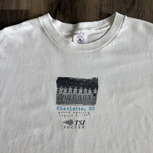 Vintage Soccer T-Shirt Men's Size XL White 1997 TSI Charlotte NC Store Promo