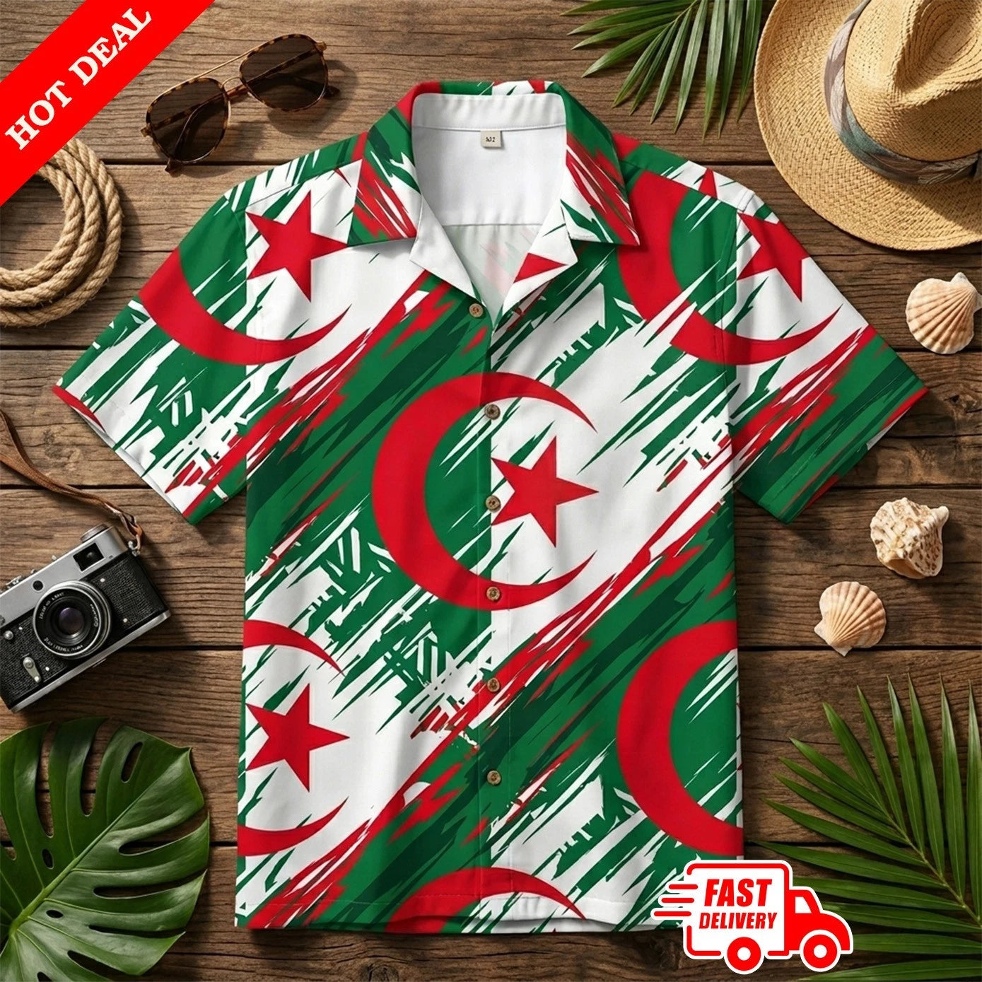 Algeria Soccer Men's Green White Hawaiian Shirt Aloha Button Down Football Fan