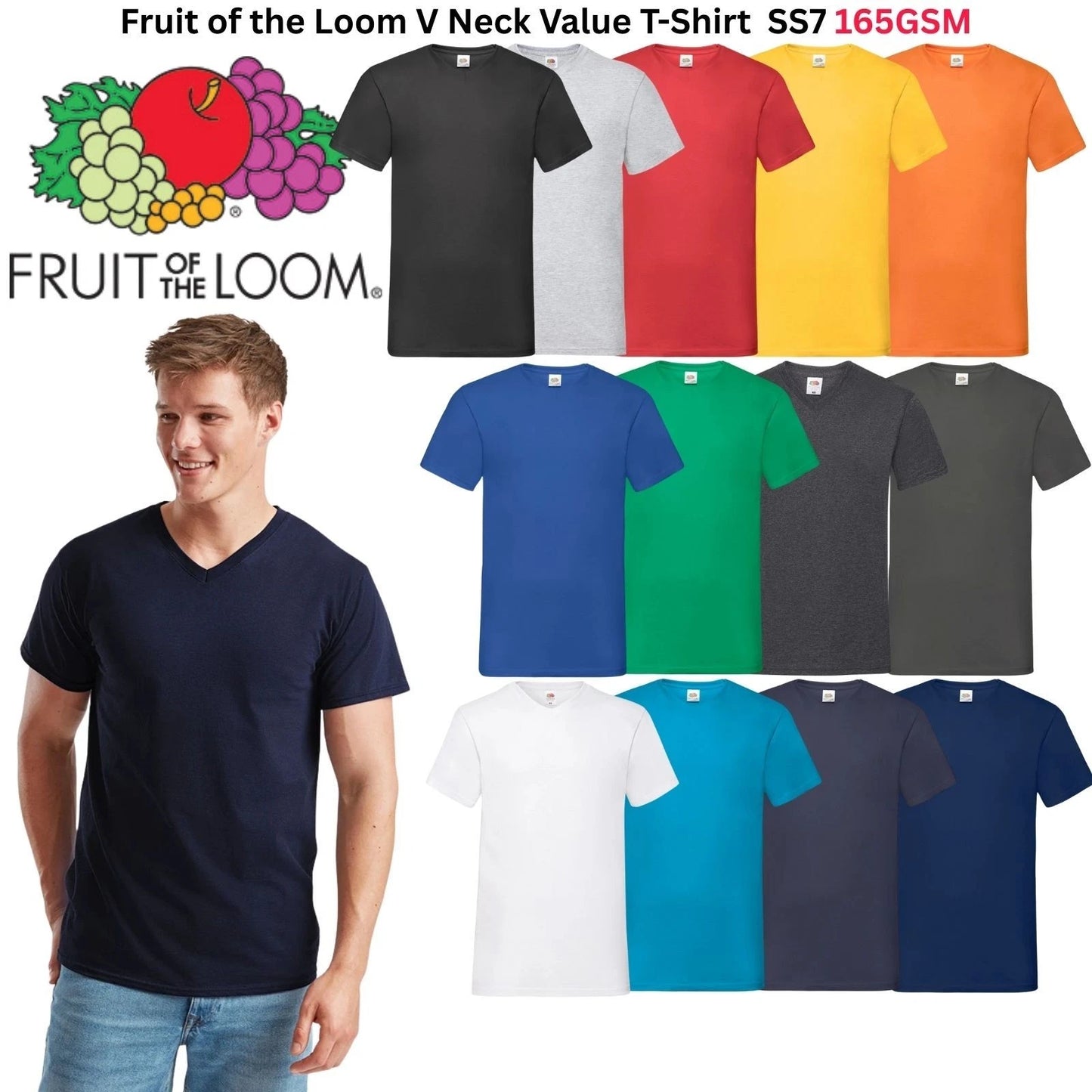 Fruit of the Loom SS7 V Neck Value T-Shirt 165GSM Mens Cotton Tee