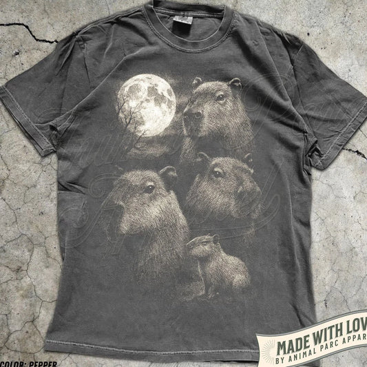 Capybara Full Moon Vintage Graphic Tee Three Capybaras Animal Lover