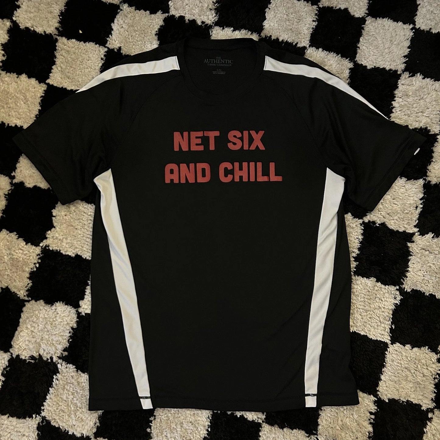 Net Six and Chill - Soccer Jersey Funny Team T-Shirt Black Joke Tee Men’s Large