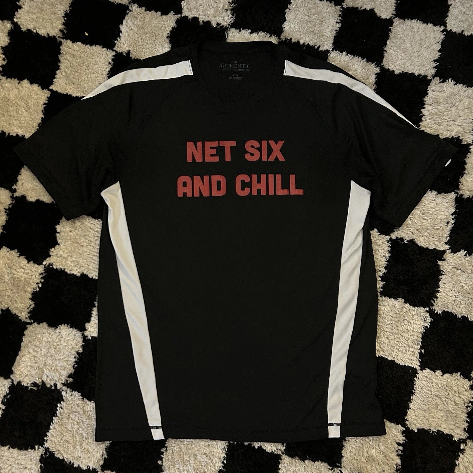 Net Six and Chill - Soccer Jersey Funny Team T-Shirt Black Joke Tee Men’s Large