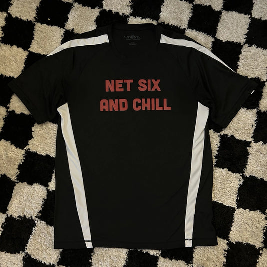 Net Six and Chill - Soccer Jersey Funny Team T-Shirt Black Joke Tee Men’s Large