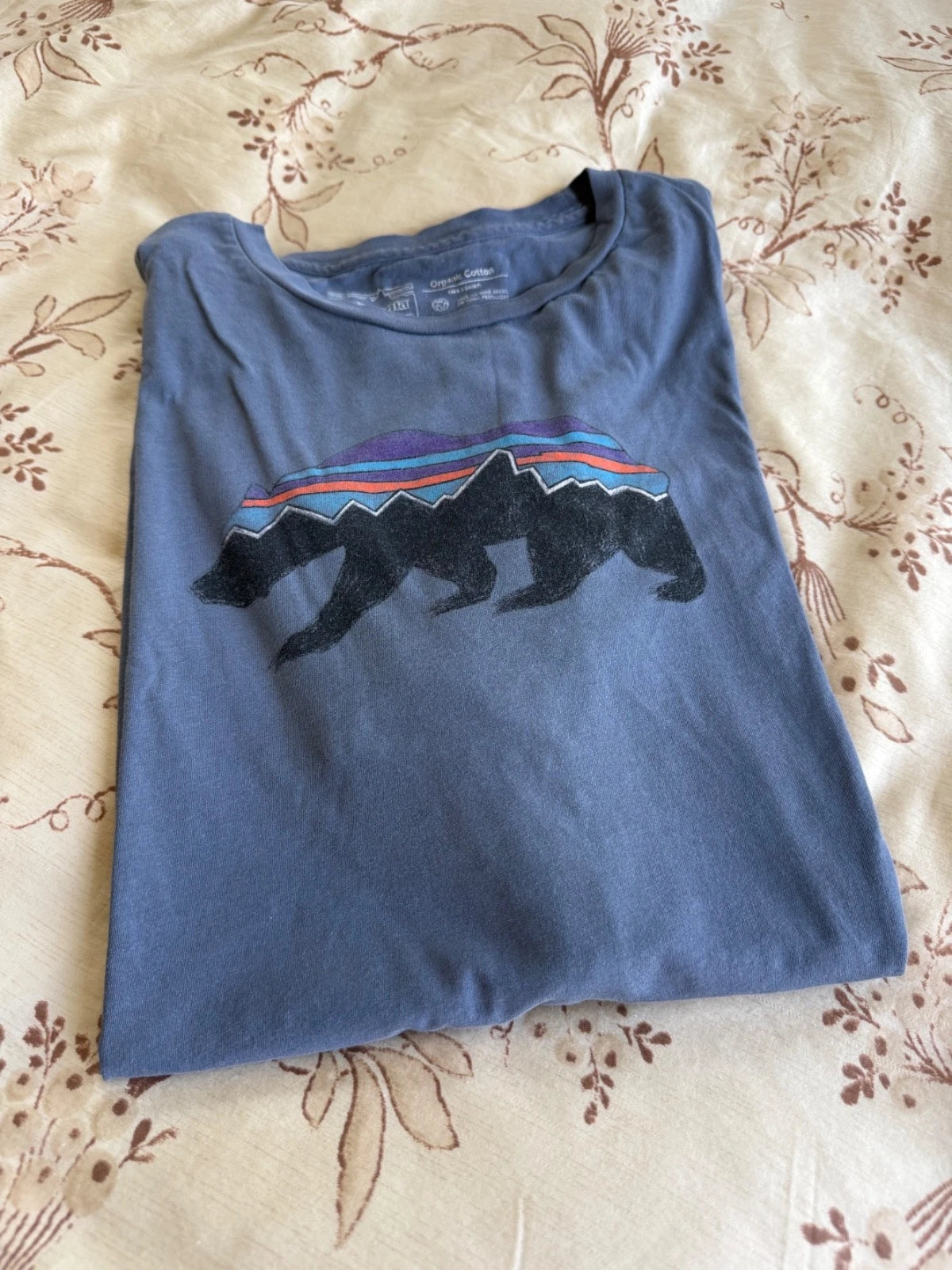 Patagonia Bear Logo Graphic T Shirt Men XL Blue Slim Fit Organic Cotton Fitz Roy