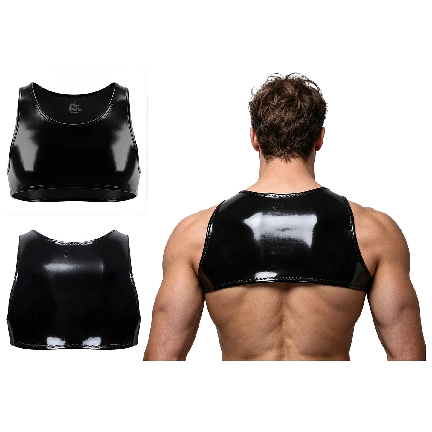 Mens Nightclub Patent Leather Clubwear Fashion Crop Top Bodybuilding Slim Top