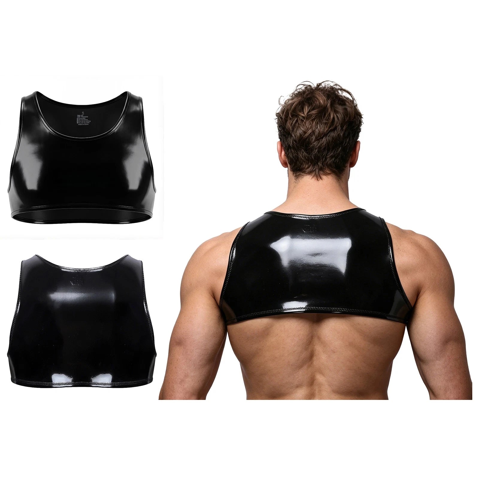 Mens Nightclub Patent Leather Clubwear Fashion Crop Top Bodybuilding Slim Top