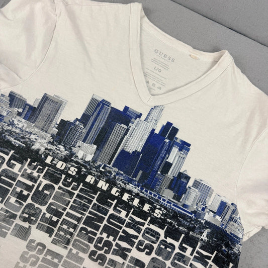 Guess Los Angeles Skyline Graphic V-Neck T-Shirt Mens Large White Blue Cotton