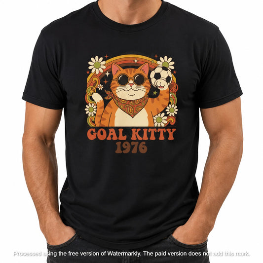 Groovy Cat Soccer 'Goal Kitty 1976' T-Shirt | Retro Floral