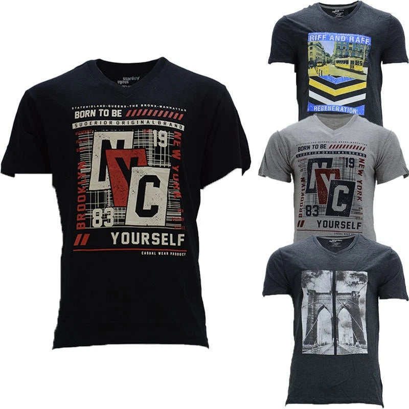 NEW Mens Printed T Shirts Short Sleeve Summer Cotton V Neck Tees Beach Top 1 Pc