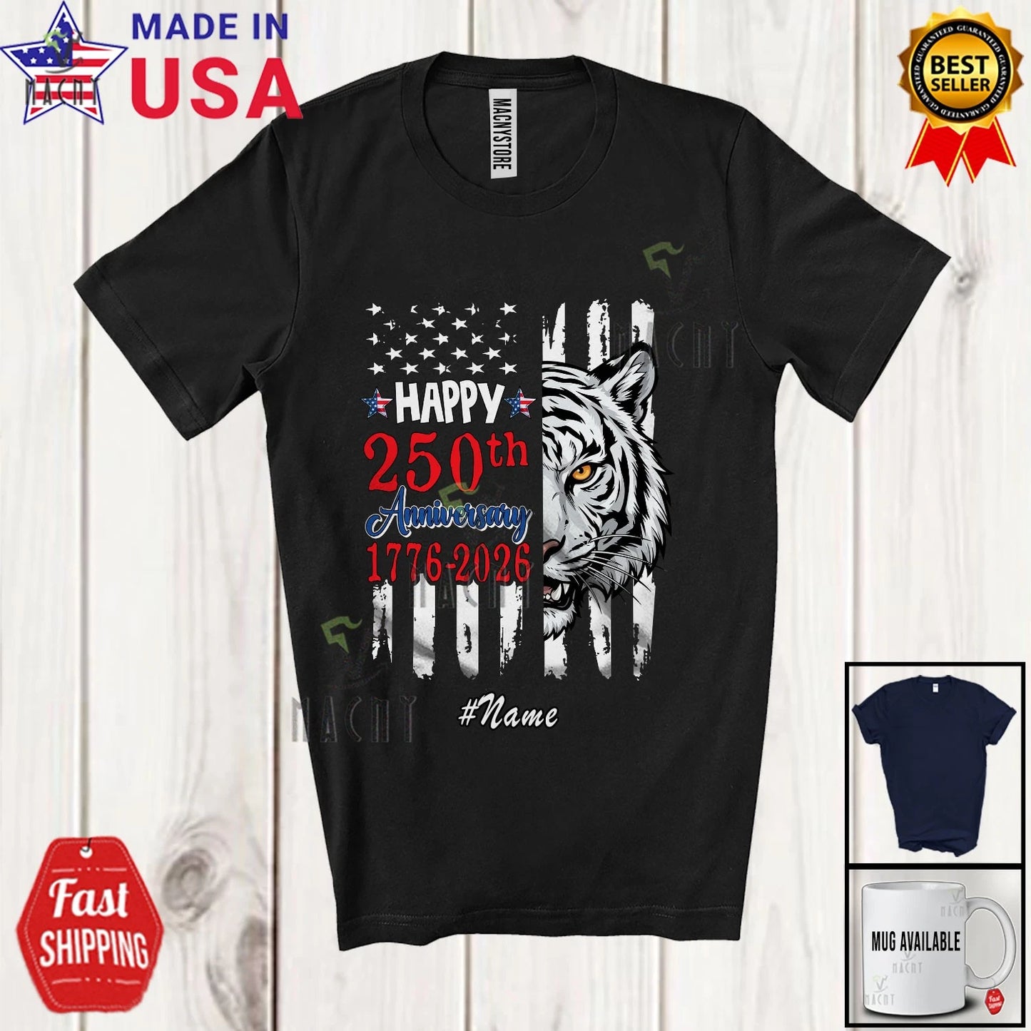 Custom Name 250th Anniversary; 4th Of July Tiger Half US Flag Patriotic T-Shirt