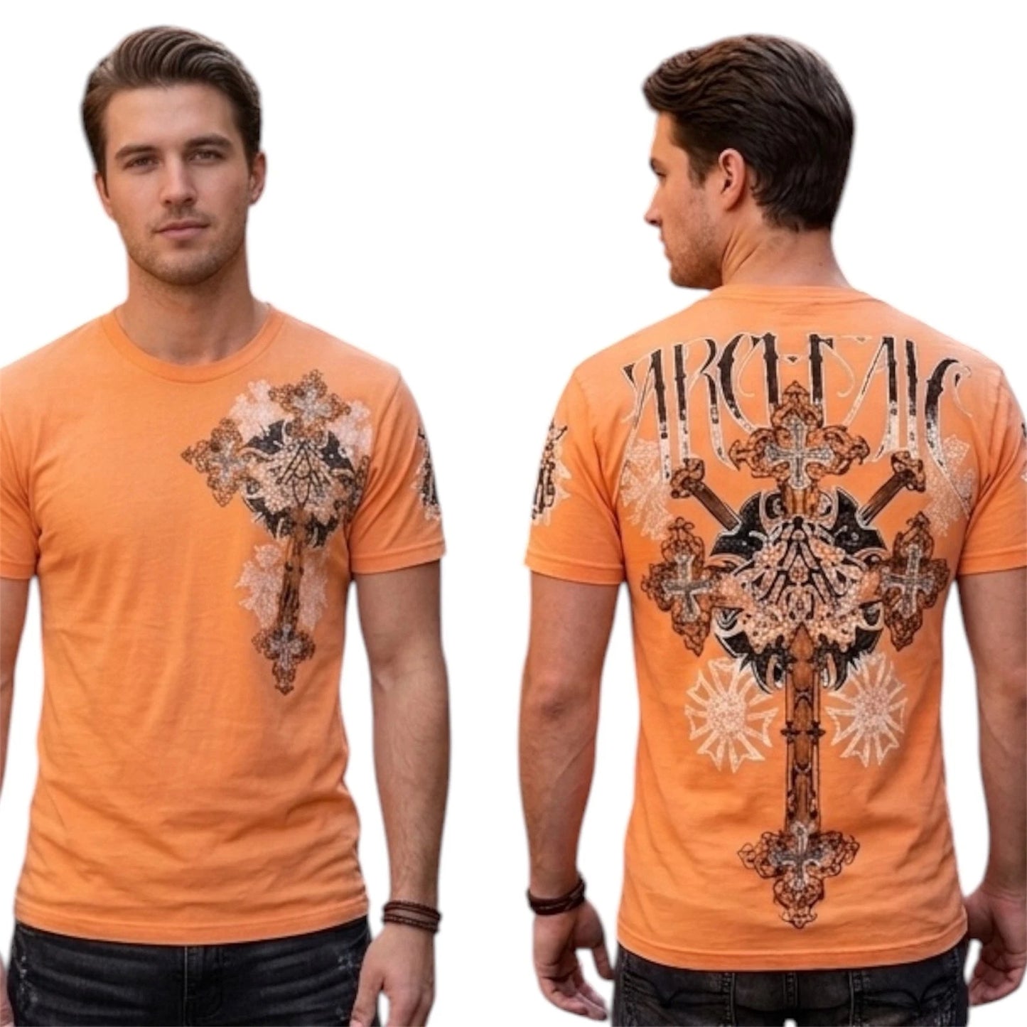 ARCHAIC by AFFLICTION Orange METALLOID Short Sleeve Slim Fit Y2K T-shirt NWT