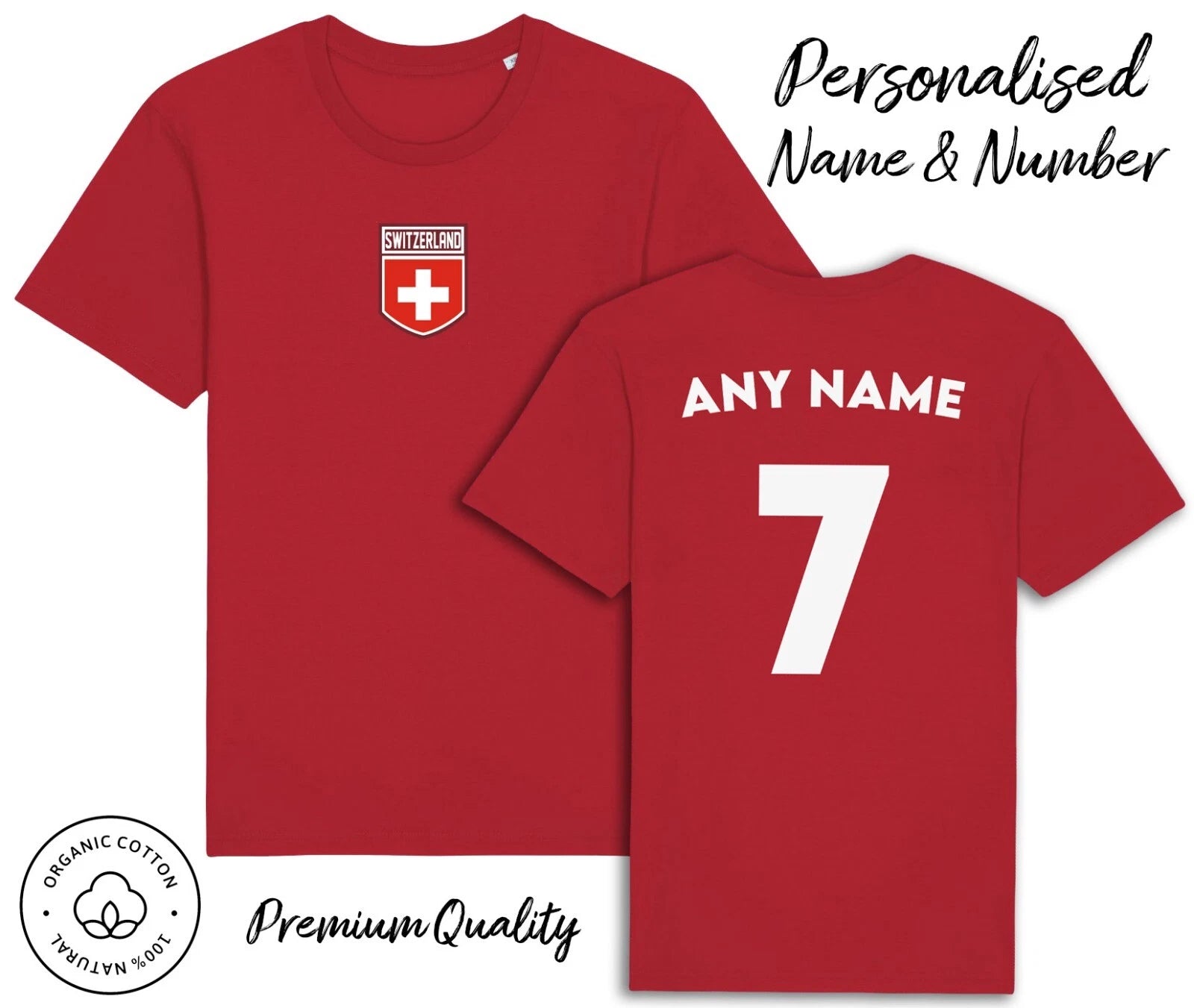 Switzerland T-Shirt 2026 Personalised Name & No Adult Kids Baby, Football Euro