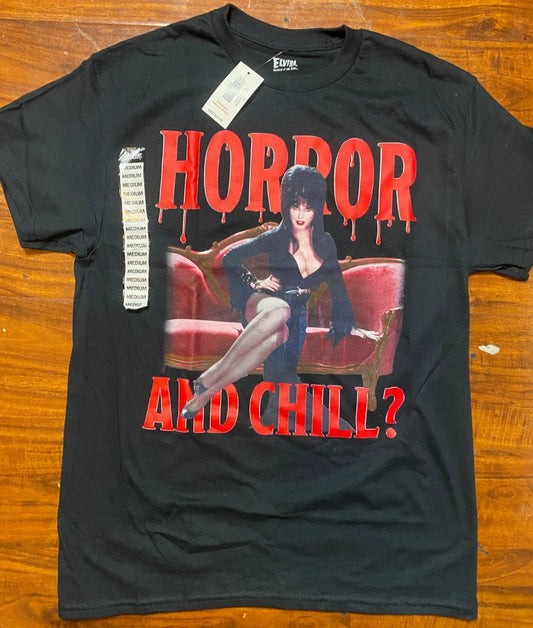 ELVIRA Mistress Of The Dark SEXY "Horror and Chill?" Black Graphic Tee- NWT
