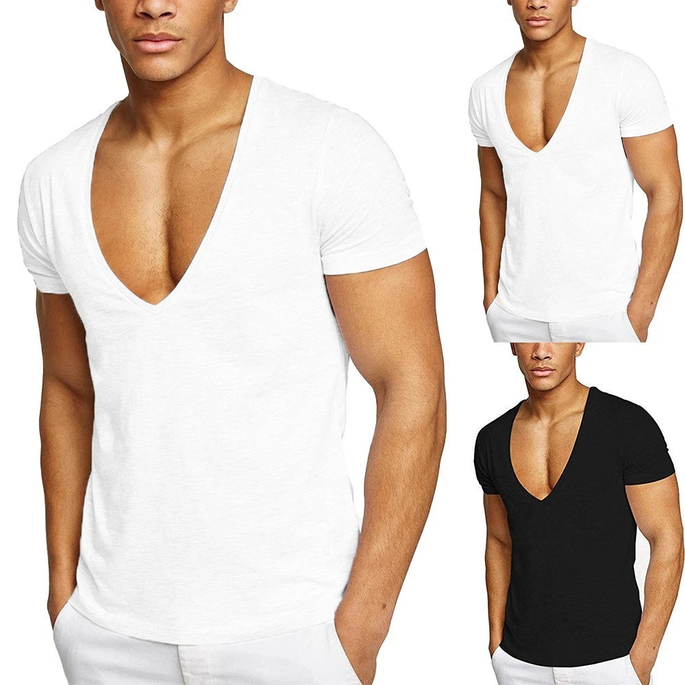 Male T-Shirt V-neck Clothing Pullover Top Short Sleeve Simple Solod Color