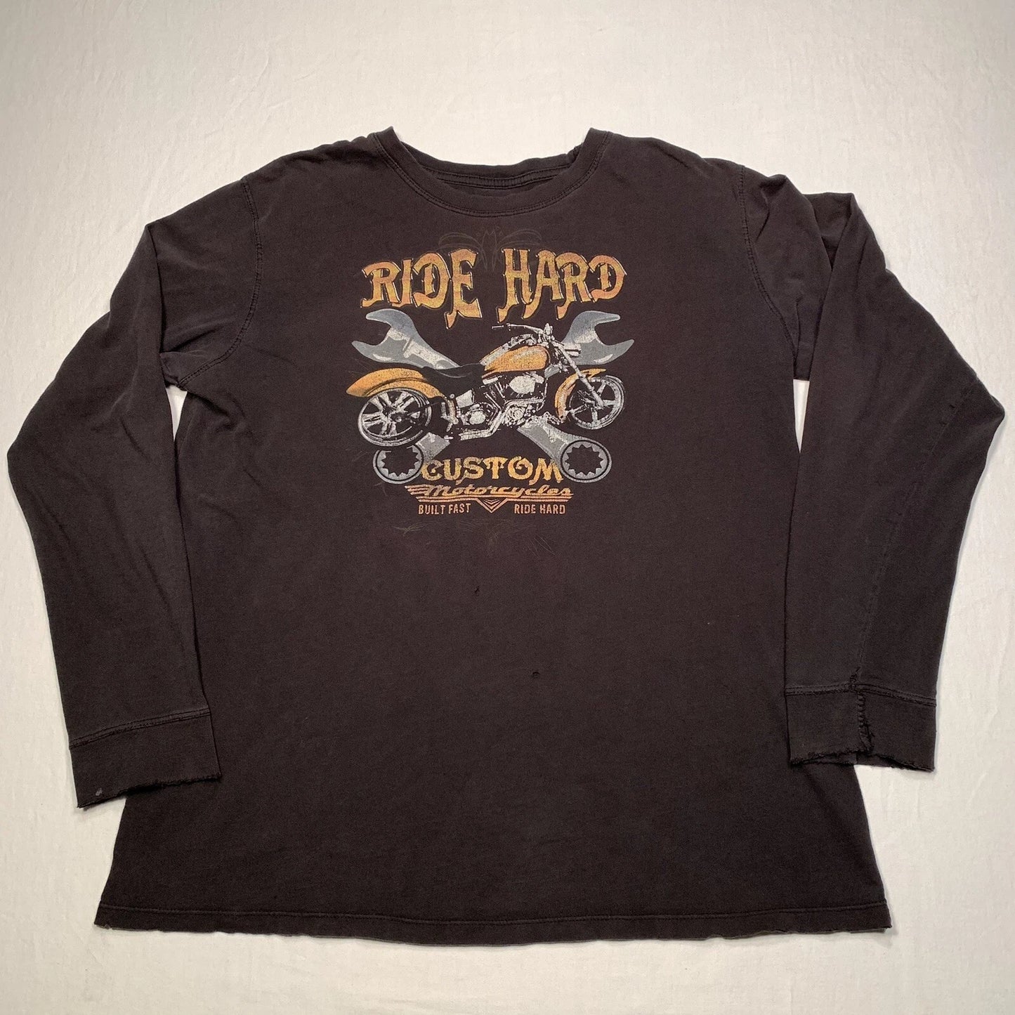 Ride Hard Custom Motorcycles Graphic Print Shirt Mens Large Black Distressed