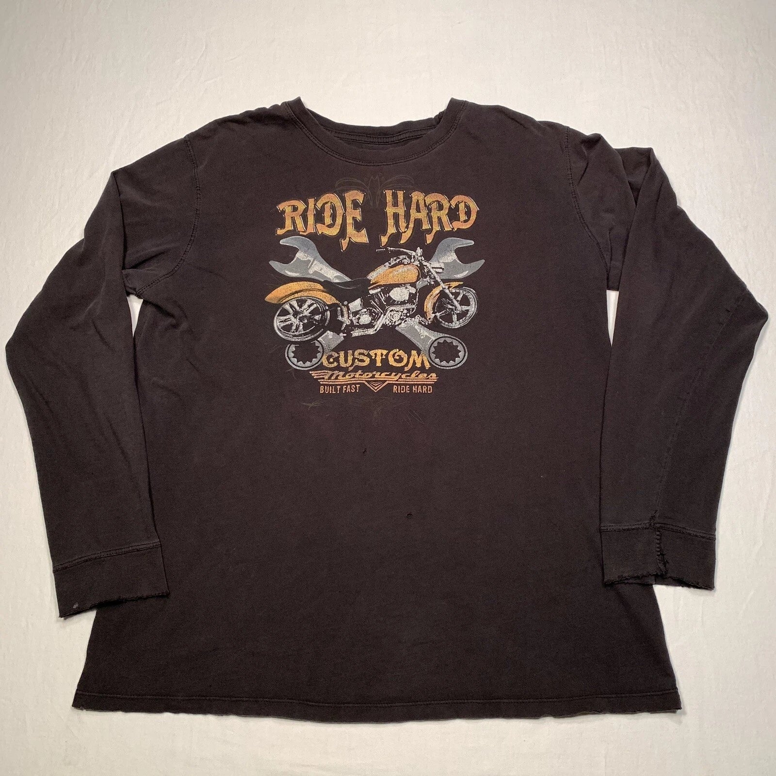 Ride Hard Custom Motorcycles Graphic Print Shirt Mens Large Black Distressed