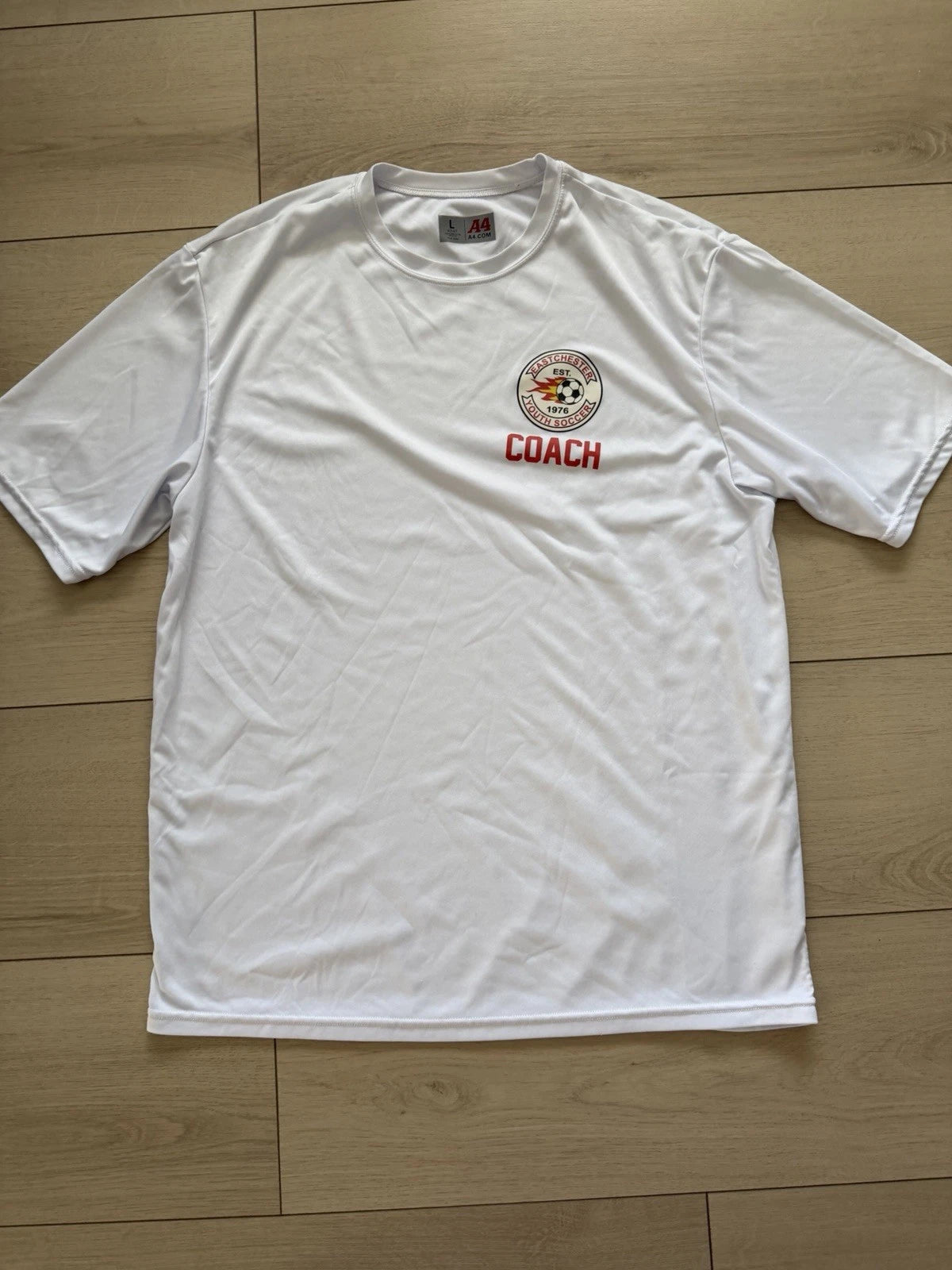 A4 Men's Short Sleeve White Polyester Eastchester Soccer Coach T-Shirt Size L