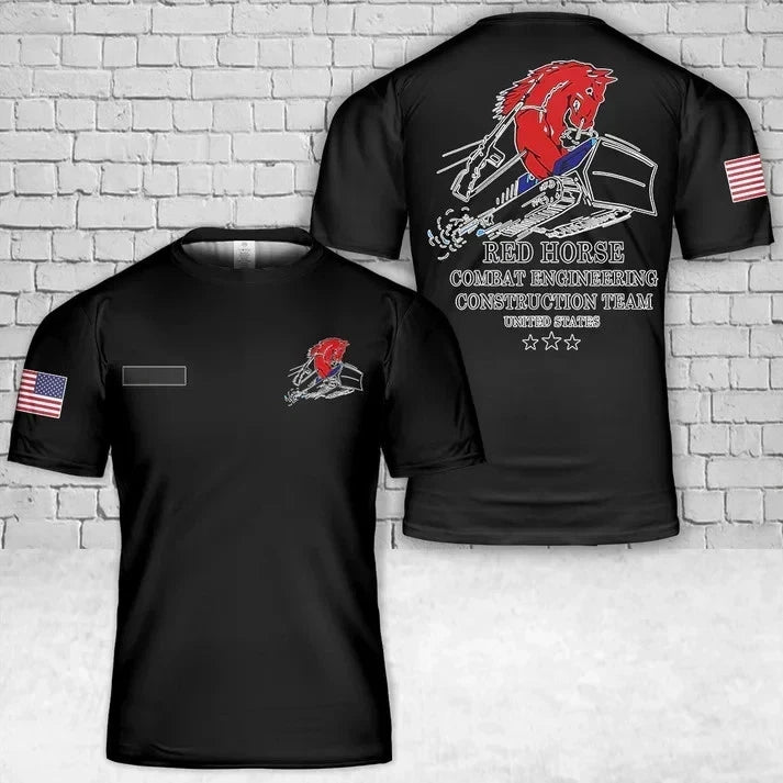 Custom Name Red Horse Combat Engineer T-Shirt 3D