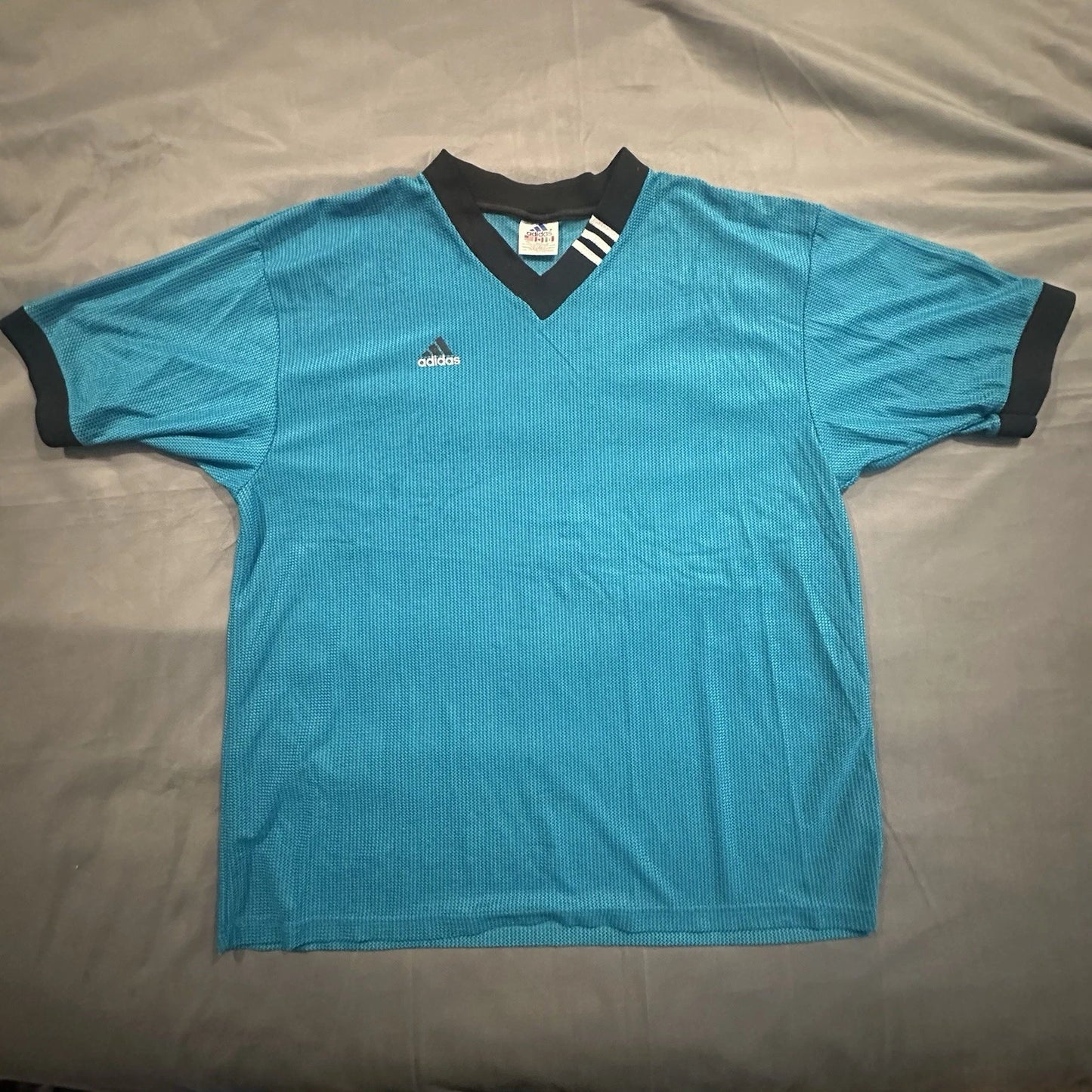 Vintage 90s Adidas Soccer Jersey Mens Large Short Sleeve Teal V Neck Shirt