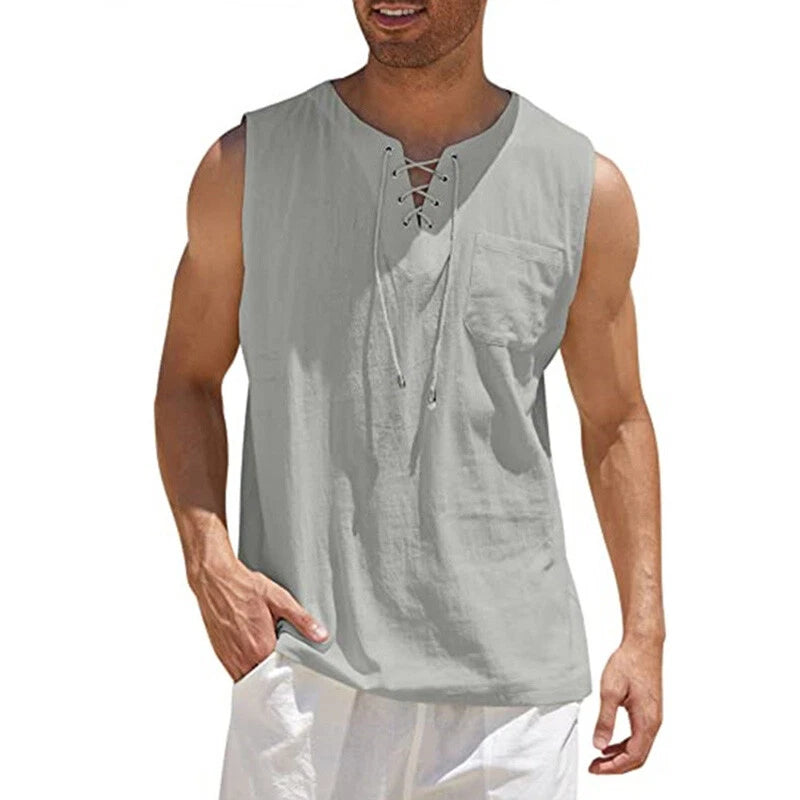 Mens T-shirt V Neck Tunic Lace Up Short Sleeve Cotton Linen Tops Casual Loose