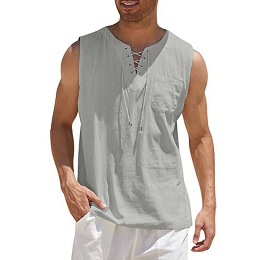 Mens T-shirt V Neck Tunic Lace Up Short Sleeve Cotton Linen Tops Casual Loose