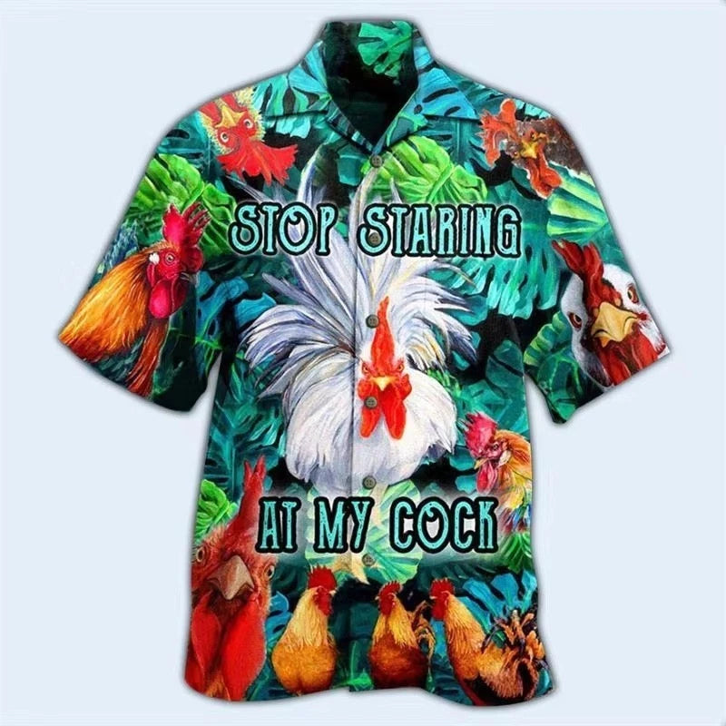 Mens Button Down Rooster Stop Staring Hawaiian Top Novelty Summer Gift Shirt
