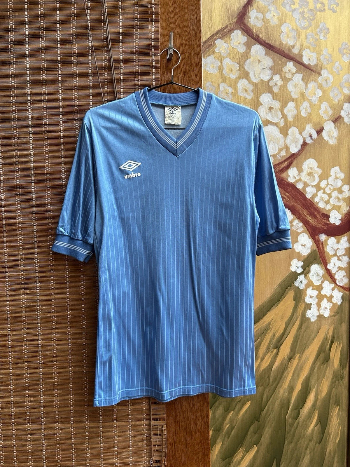 80s Umbro Blue Striped V-Neck Football Soccer Jersey Made In England