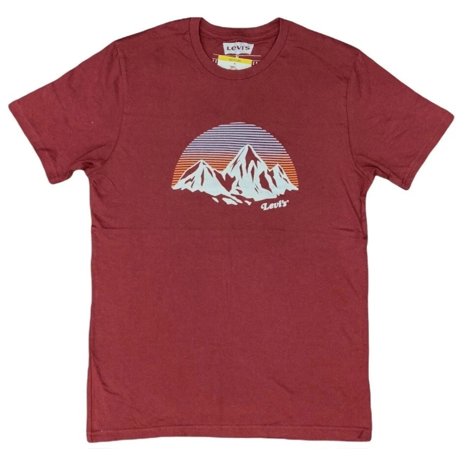 Men’s Levi's Sky Mountain Retro T-Shirt Striped Logo Size M 100% Cotton Burgundy