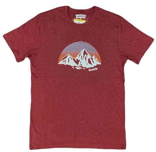 Men’s Levi's Sky Mountain Retro T-Shirt Striped Logo Size M 100% Cotton Burgundy