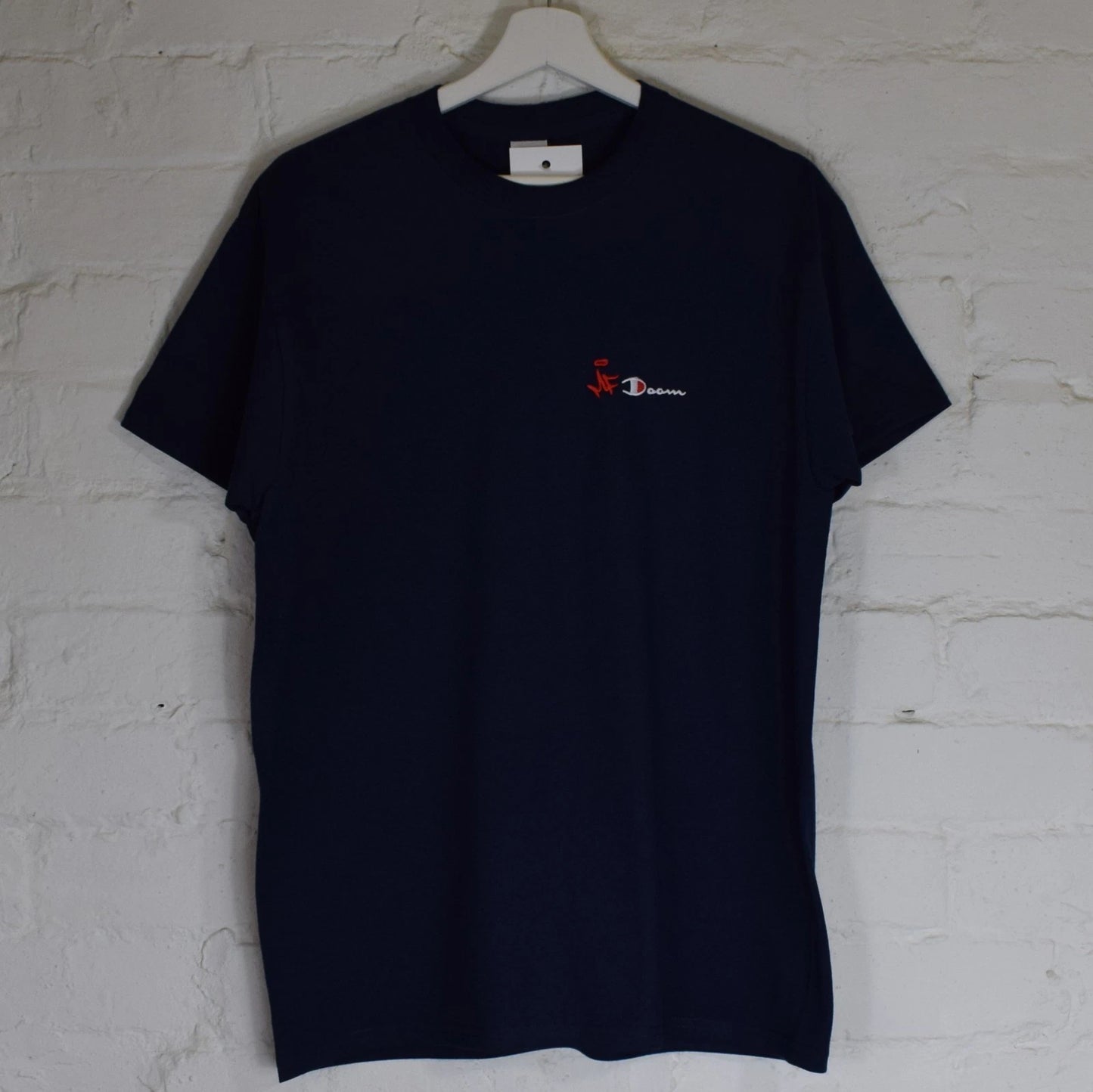 Actual Fact MF Doom Champion "super villain" Embroidered Navy Tee T-Shirt Top