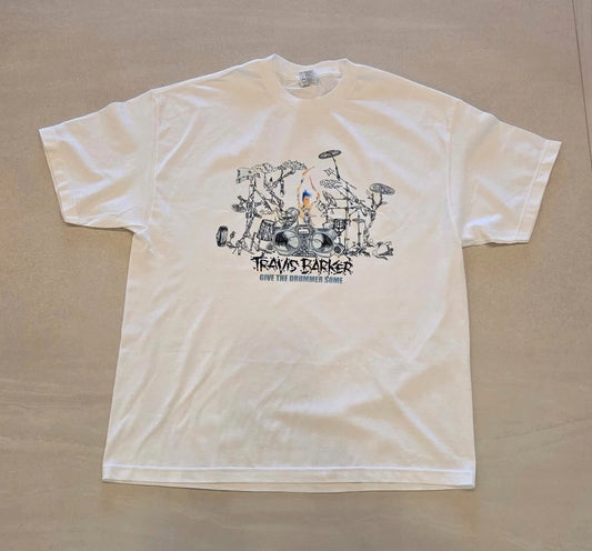 Travis Barker Give The Drummer Some White T-Shirt Size L Punk Rock Graphic Tee B