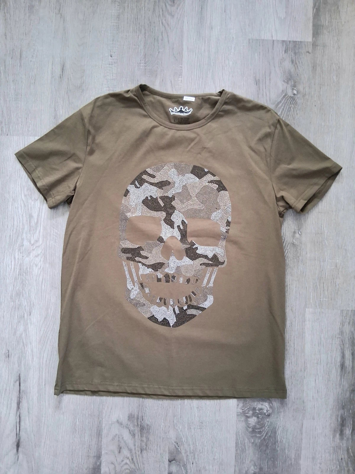 Y2K Heads Or Tails Men's Lg Green Rhinestone Camo Skull Short Sleeve T-Shirt