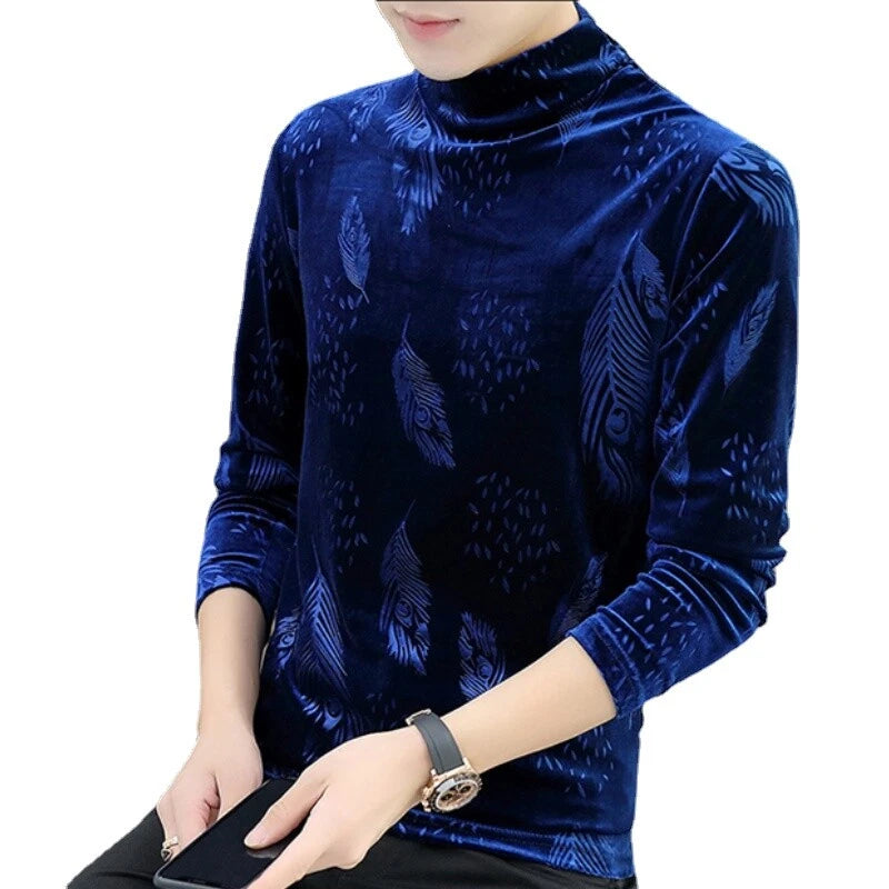 Men Formal Velvet Shirts Tops  Fit Blouse Basic T-shirts Casual Slim Turtle Neck