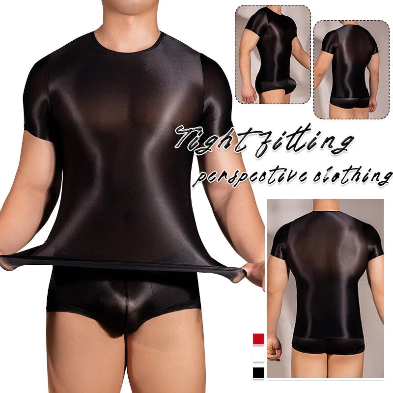 Sexy Men's Shiny Oil Tank Top Elastic Tank Top Transparent Fitness T-Shirt