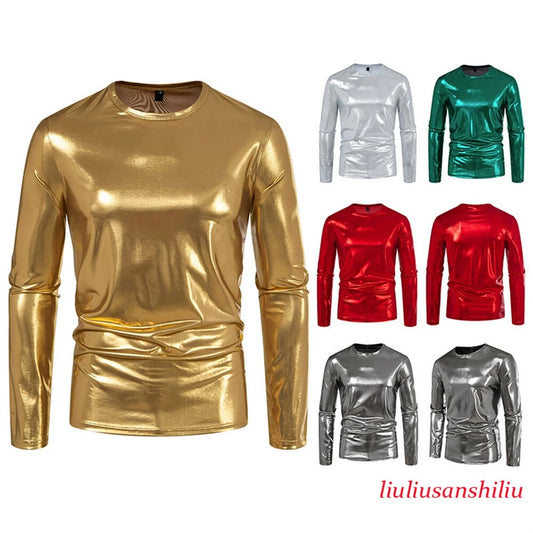 Men's Shiny Long Sleeve T-Shirt Classic Slim Round Neck Shirts Stage Party Tops