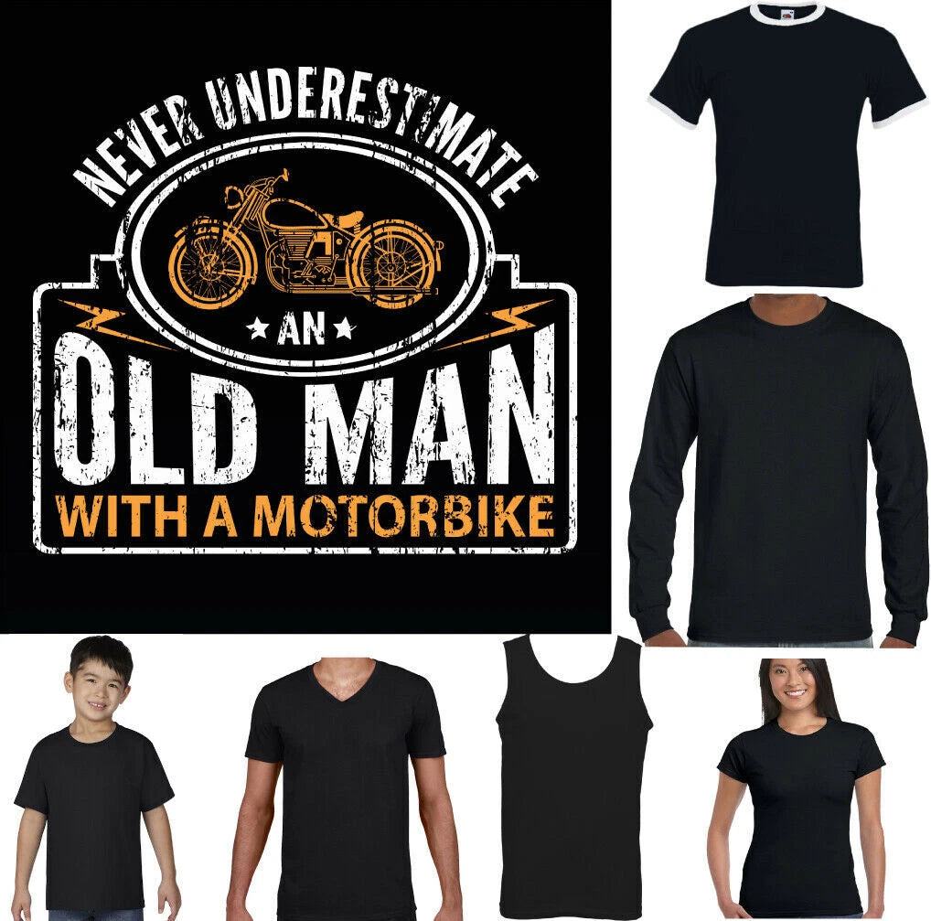 MOTORBIKE T-SHIRT Mens Motorcycle Biker Never Underestimate An Old Man With A