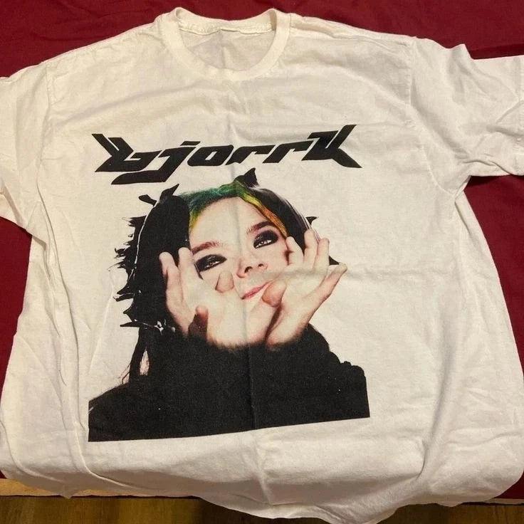 Rare Bjork 90s Basic style White T shirt Short sleeve Unisex Men