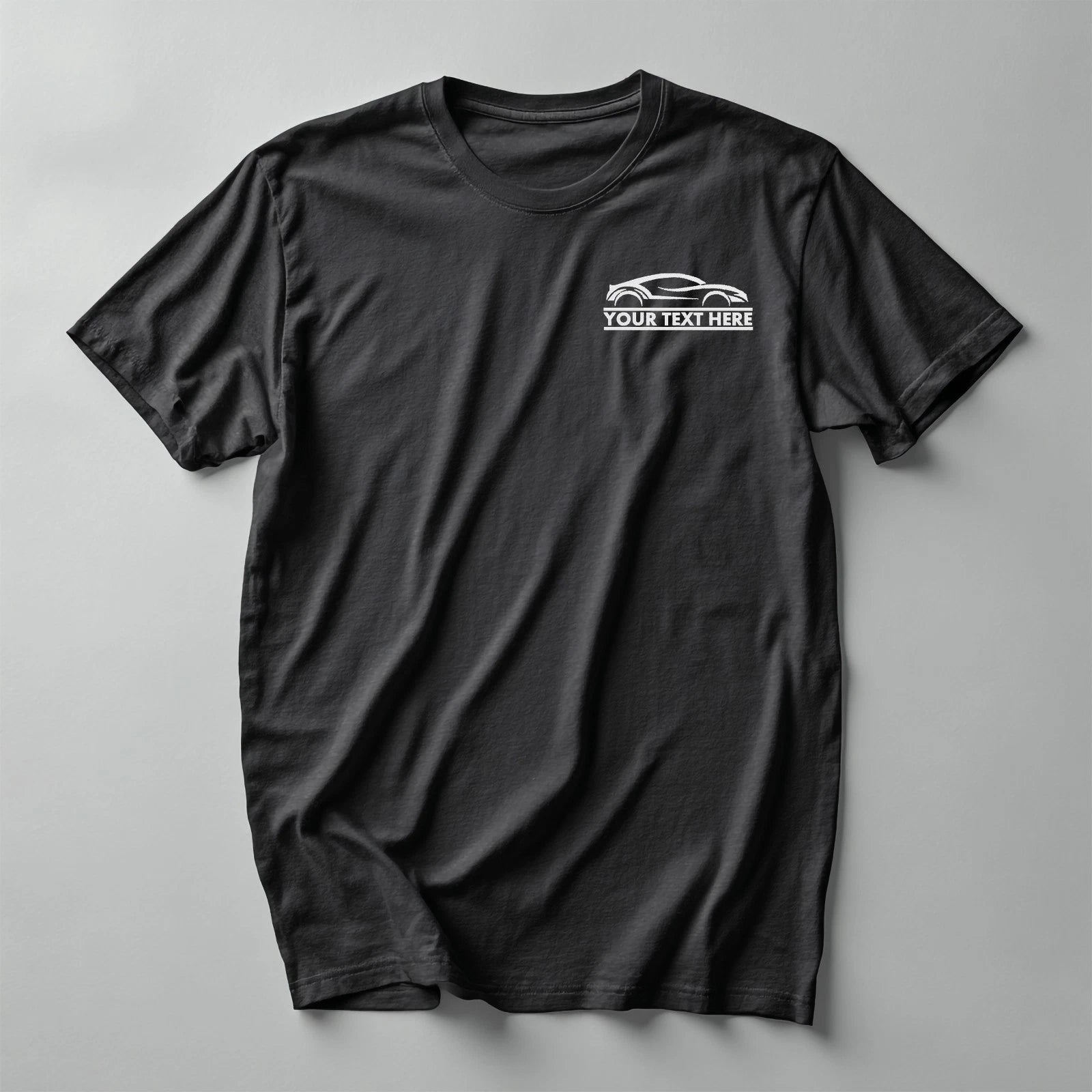 Personalized Car Embroidered T-Shirt – Custom Text Under Car Design Pro RTX RX15