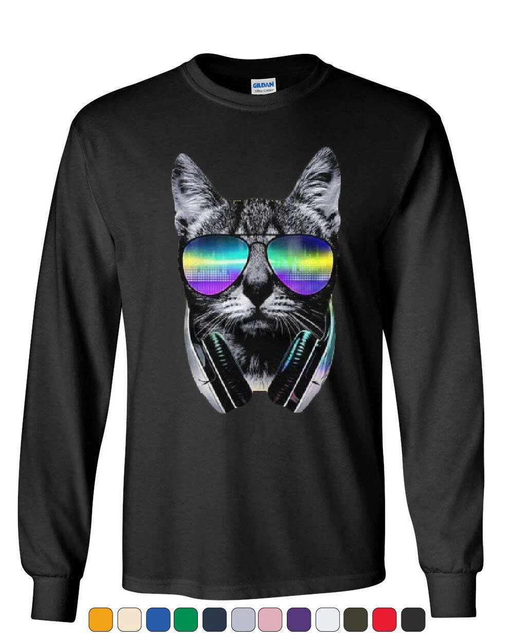 Funny DJ Cat Long Sleeve T-Shirt Music Kitten Headphones and Glasses