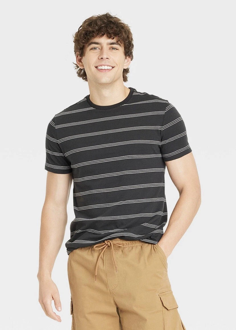 NEW Goodfellow Men’s T-Shirt Crew Neck Short Sleeve, Black W/ White Stripes, XL