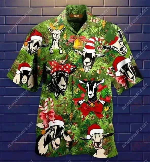 Mens Button Down Beautiful Goat Pine Print Hawaiian Top Novelty Holiday Shirt