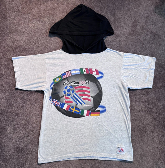 VTG World Cup USA 94 Hooded T-shirt Sz M Gray The Game 1991 Flags Soccer